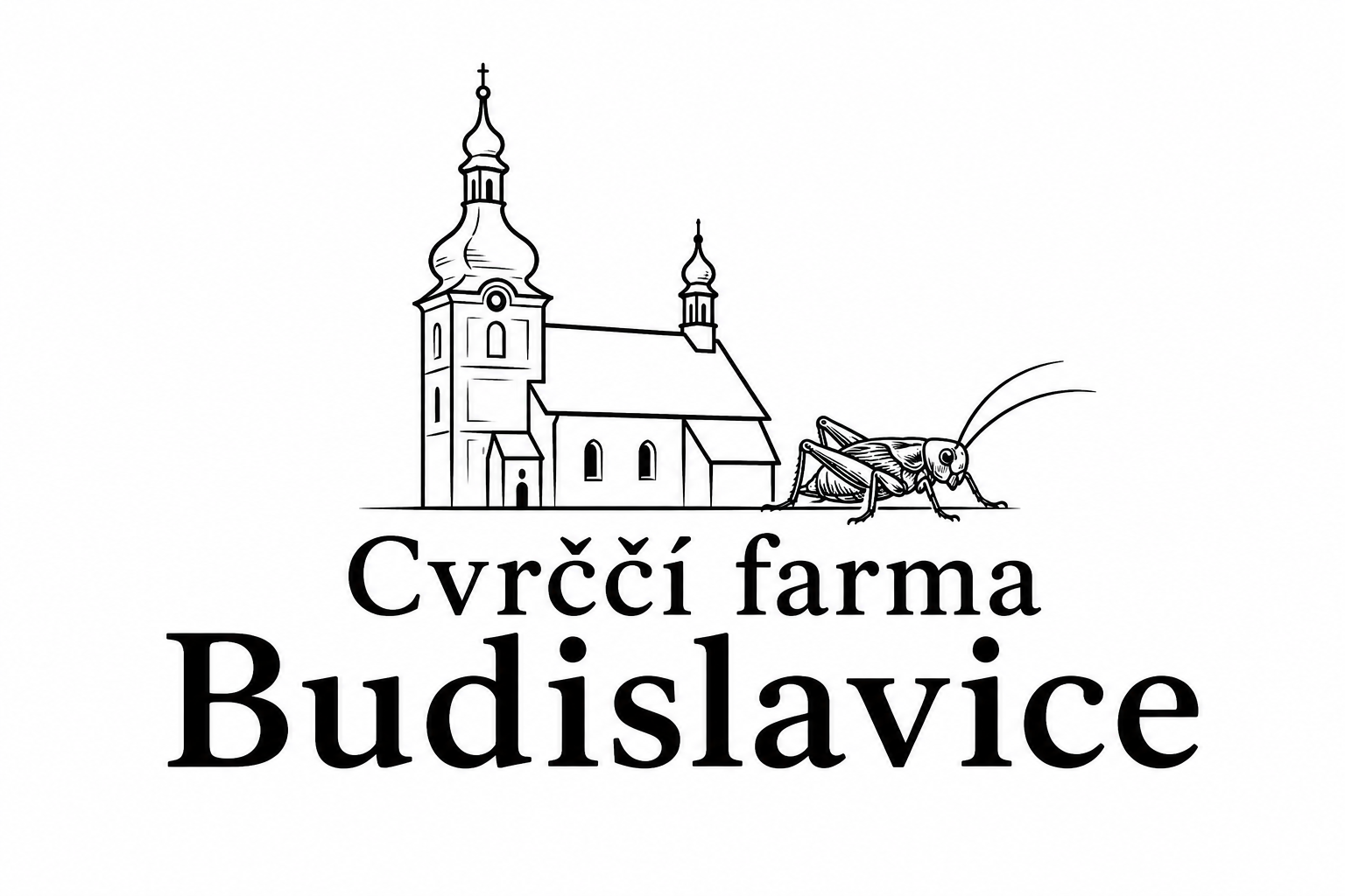 Černobílé logo cvrččí farmy Budislavice